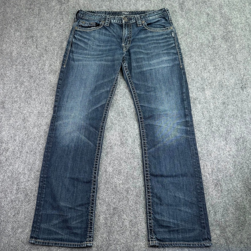 Silver Jeans Mens 34 (Fits 35x32) Blue Nash Straight Leg Denim Whiskers